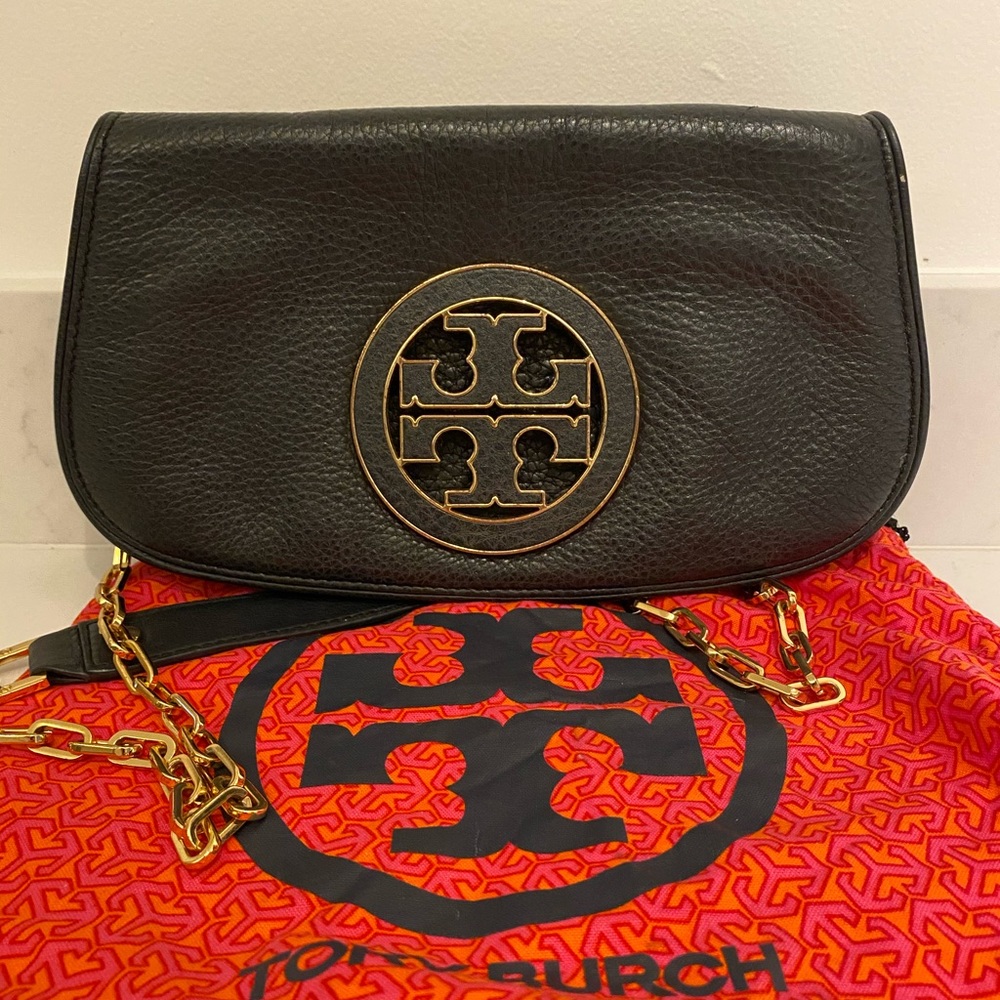Tory Burch Black and Gold Clutch with Strap